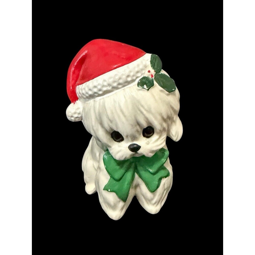 Lefton Maltese Dog Figurine Christmas Santa Hat Green Bow Vintage Japan XH7069